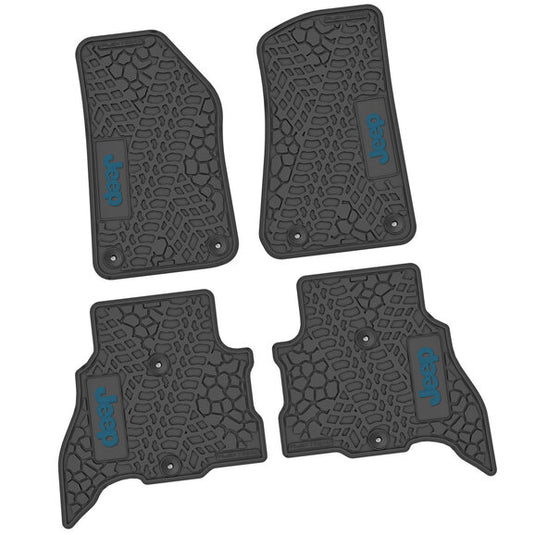 FlexTread Tire Tread/Scorched Earth Scene Front & Rear Floor Liners with JEEP Logo for 21-24 Jeep Wrangler JL Unlimited 4xe