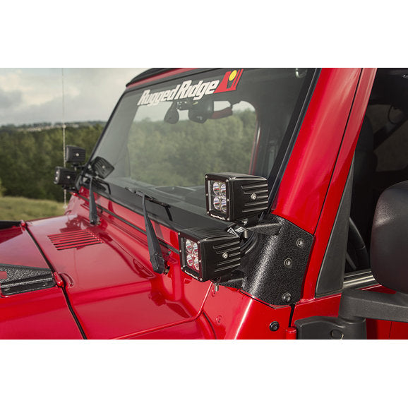 Load image into Gallery viewer, Rugged Ridge 11232.38 A-Pillar Light Mount Brackets Kit with 3&quot; Square LED Lights for 97-06 Jeep Wrangler TJ &amp; Unlimited
