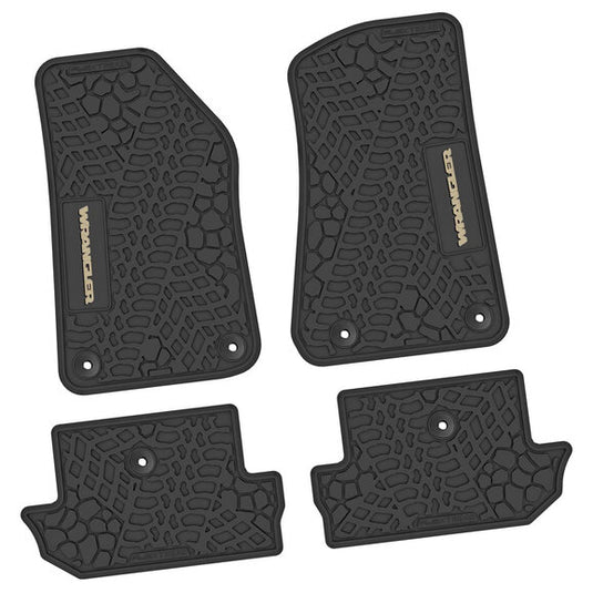 FlexTread Tire Tread/Scorched Earth Scene Front & Rear Floor Liners with WRANGLER Logo for 18-24 Jeep Wrangler JL 2-Door