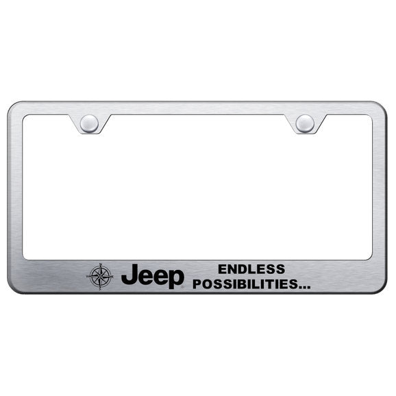 Load image into Gallery viewer, Automotive Gold Laser Etched Stainless Jeep Endless Possibilities License Plate Frame
