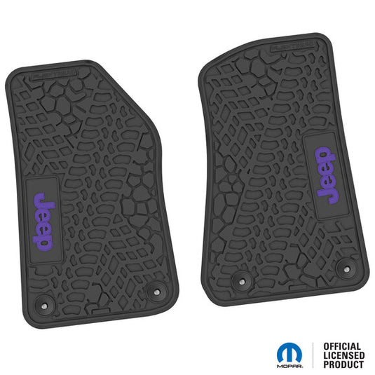 FlexTread Tire Tread/Scorched Earth Scene Front Floor Liners with JEEP Logo for 18-24 Jeep Wrangler JL & Gladiator JT