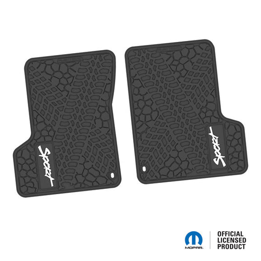 FlexTread Tire Tread/Scorched Earth Scene Front Floor Liners with SPORT Logo for 97-06 Jeep Wrangler TJ and LJ Unlimited