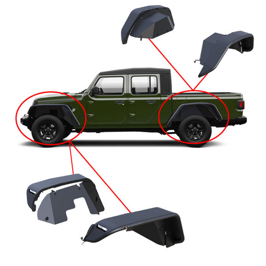 Black Horse Off Road TIFR20G Front & Rear Tubular Fender Flares w/Inner Fender Flare Liners for 20-24 Jeep Gladiator JT