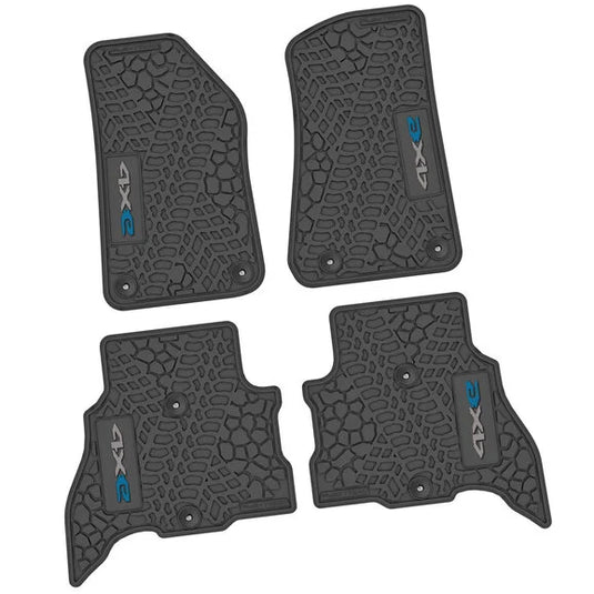 FlexTread Tire Tread/Scorched Earth Scene Front & Rear Floor Liners with 4XE Logo for 21-24 Jeep Wrangler JL Unlimited 4xe