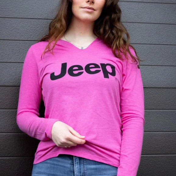 Load image into Gallery viewer, Jeep Merchandise Ladies Jeep Text Triblend Hooded Pullover in Lotus Pink Heather
