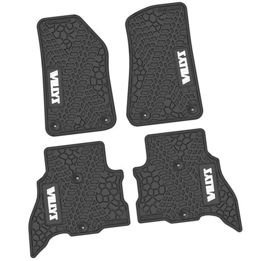 FlexTread Tire Tread/Scorched Earth Scene Front & Rear Floor Liners with WILLYS Logo for 21-24 Jeep Wrangler JL Unlimited 4xe