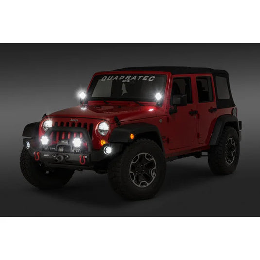 Quadratec 4" Round LED Lights with Wiring Harness & Windshield Mount Brackets for 07-18 Jeep Wrangler JK