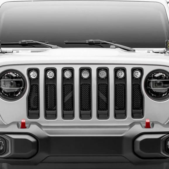 Load image into Gallery viewer, T-Rex 6314941 Torch Series Black Mesh Grille with No Studs and (7) 2&quot; Round LED Lights for 18-20 Jeep Wrangler JL
