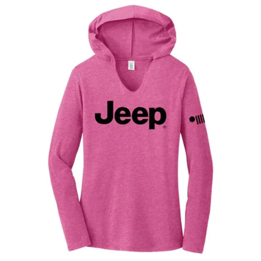 Jeep Merchandise Ladies Jeep Text Triblend Hooded Pullover in Bright Pink Heather