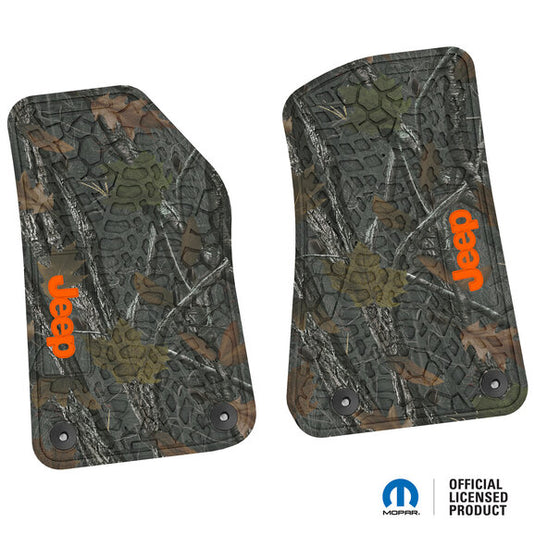 FlexTread Tire Tread/Scorched Earth Scene Front Floor Liners with JEEP Logo for 18-24 Jeep Wrangler JL & Gladiator JT