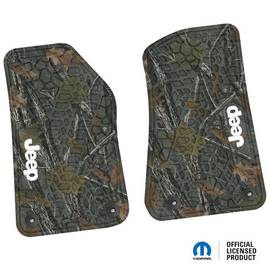 FlexTread Tire Tread/Scorched Earth Scene Front Floor Liners with JEEP Logo for 18-24 Jeep Wrangler JL & Gladiator JT