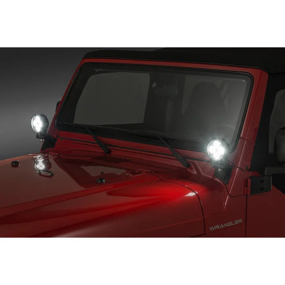 Load image into Gallery viewer, Quadratec 4&quot; Round LED Lights with Wiring Harness &amp; Windshield Mount Brackets for 97-06 Jeep Wrangler TJ &amp; Unlimited
