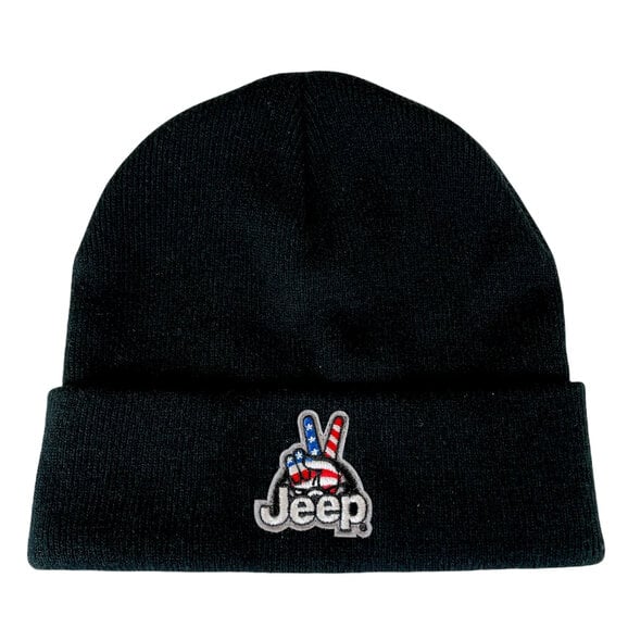 Jeep Merchandise KH-JWaveUSA-Blk Jeep Wave USA Patch Flip Knit Beanie Hat in Black