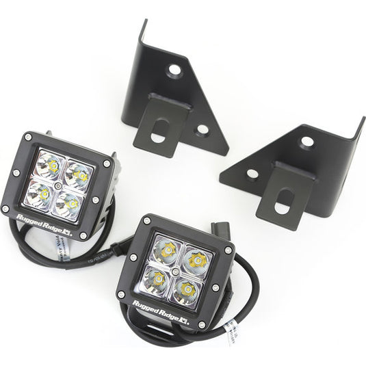 Rugged Ridge 11027.12 Windshield Light Bracket Kit in Black with Square LED Lights for 76-95 Jeep CJ-5, CJ-7, CJ-8 Scrambler & Wrangler YJ