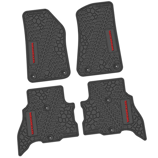 FlexTread Tire Tread/Scorched Earth Scene Front & Rear Floor Liners with WRANGLER Logo for 21-24 Jeep Wrangler JL Unlimited 4xe