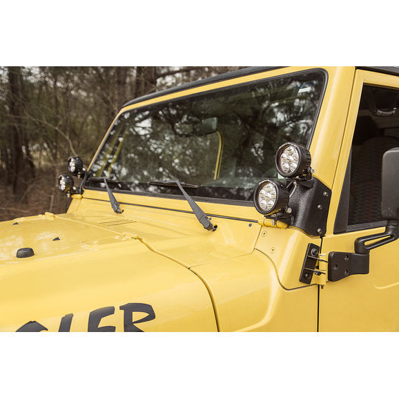 Load image into Gallery viewer, Rugged Ridge 11232.37 A-Pillar Light Mount Brackets Kit with 3.5&quot; Round LED Lights for 97-06 Jeep Wrangler TJ
