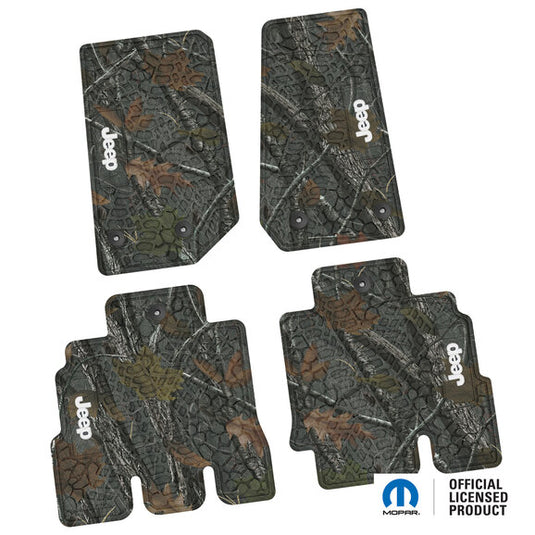 FlexTread Tire Tread/Scorched Earth Scene Front & Rear Floor Liners with JEEP Logo for 07-18 Jeep Wrangler JK Unlimited 4-Door