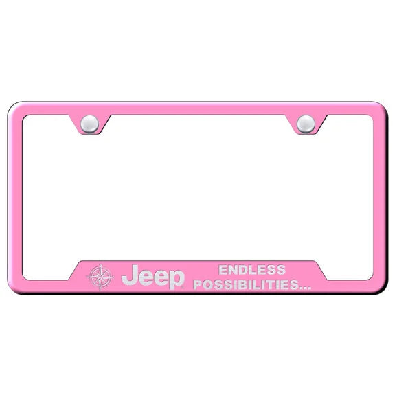 Load image into Gallery viewer, Automotive Gold Laser Etched Stainless Jeep Endless Possibilities Cut-Out License Plate Frame
