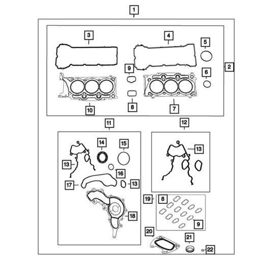 Mopar 68078554AD Engine Gasket Kit for 11-22 Jeep Wrangler, Cherokee, and Grand Cherokee with 3.6L, 3.0L Diesel, and 3.2L Engines