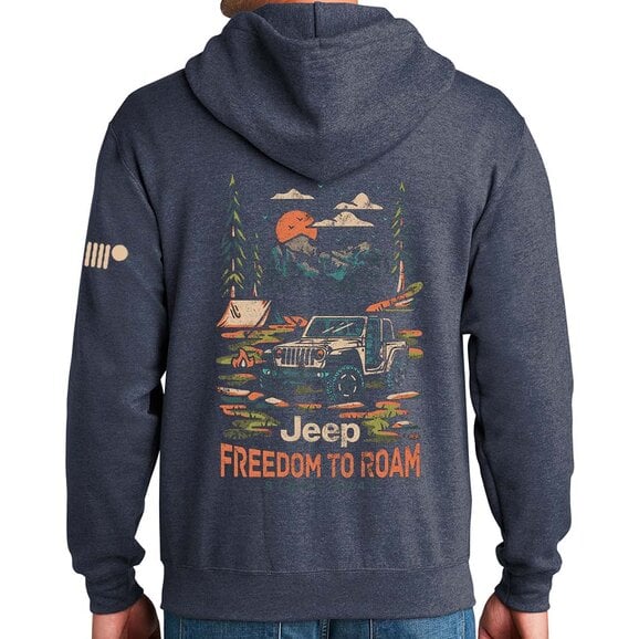 Load image into Gallery viewer, Jeep Merchandise Mens Jeep Freedom To Roam Zip Hoodie Sweatshirt in Heather Navy Blue
