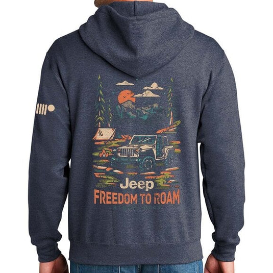 Jeep Merchandise Mens Jeep Freedom To Roam Zip Hoodie Sweatshirt in Heather Navy Blue