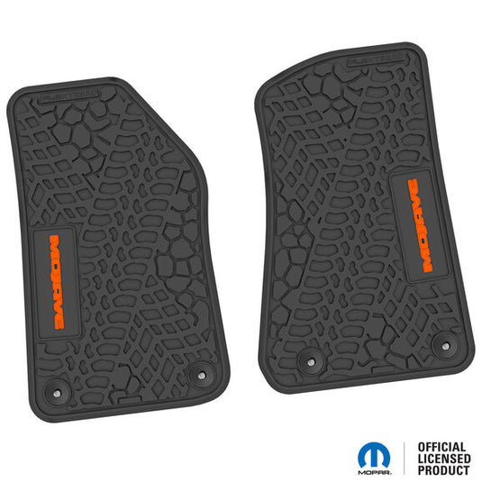 FlexTread Tire Tread/Scorched Earth Scene Front Floor Liners with MOJAVE Logo for 18-24 Jeep Wrangler JL & Gladiator JT