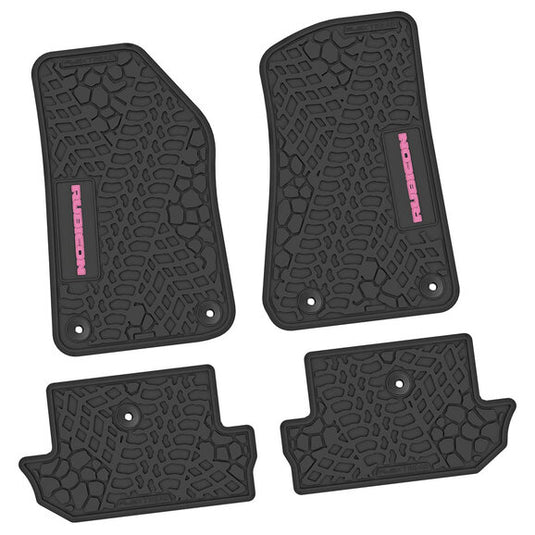 FlexTread Tire Tread/Scorched Earth Scene Front & Rear Floor Liners with RUBICON Logo for 18-24 Jeep Wrangler JL 2-Door