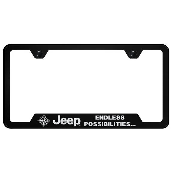 Load image into Gallery viewer, Automotive Gold Laser Etched Stainless Jeep Endless Possibilities Cut-Out License Plate Frame
