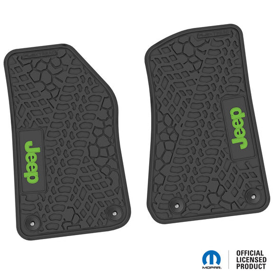 FlexTread Tire Tread/Scorched Earth Scene Front Floor Liners with JEEP Logo for 18-24 Jeep Wrangler JL & Gladiator JT