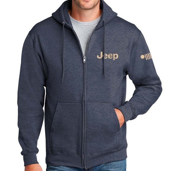 Load image into Gallery viewer, Jeep Merchandise Mens Jeep Freedom To Roam Zip Hoodie Sweatshirt in Heather Navy Blue
