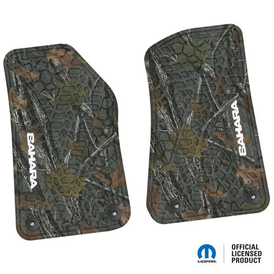 FlexTread Tire Tread/Scorched Earth Scene Front Floor Liners with SAHARA Logo for 18-24 Jeep Wrangler JL & Gladiator JT